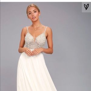 Lulu’s True Love White Beaded Rhinestone Maxi Dres